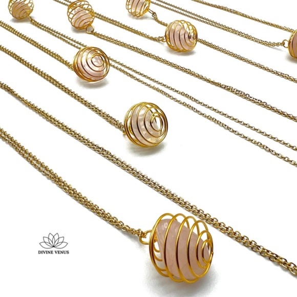 Rose Quartz Necklace | Gold Plated Stainless Steel Chain | Spiral Wired - Picture 2 of 11